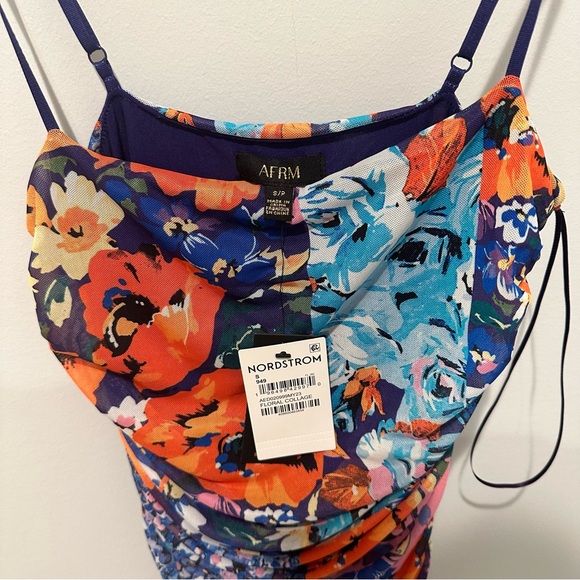 NWOT AFRM Floral Printed Ruched Mesh midi Dress - size Small - Picture 3 of 4